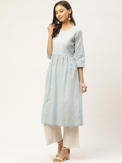 Women's Blue & White Polka Dot Hand Printed A-Line Pleated Cotton Kurta with Palazzos