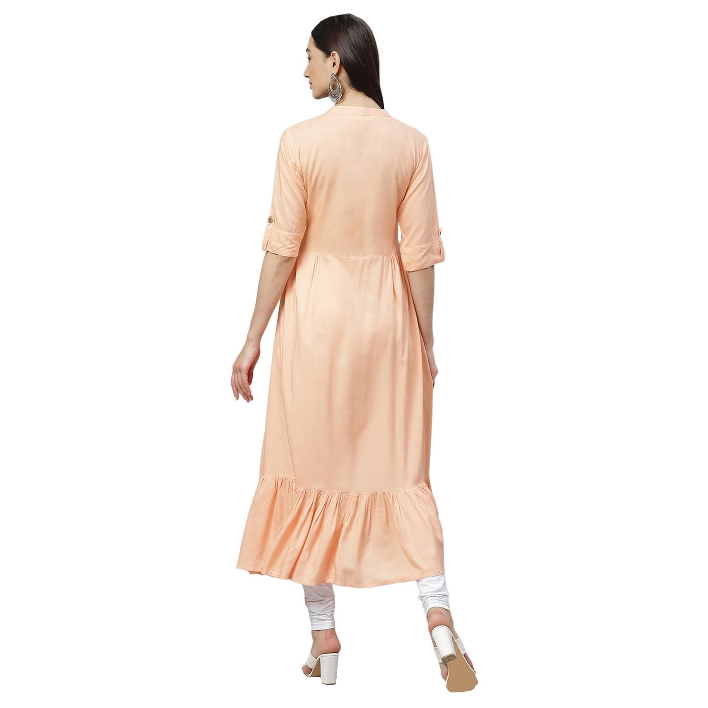 Women's Peach Rayon Embroidered 3/4 Sleeve Collar Casual Kurta Only
