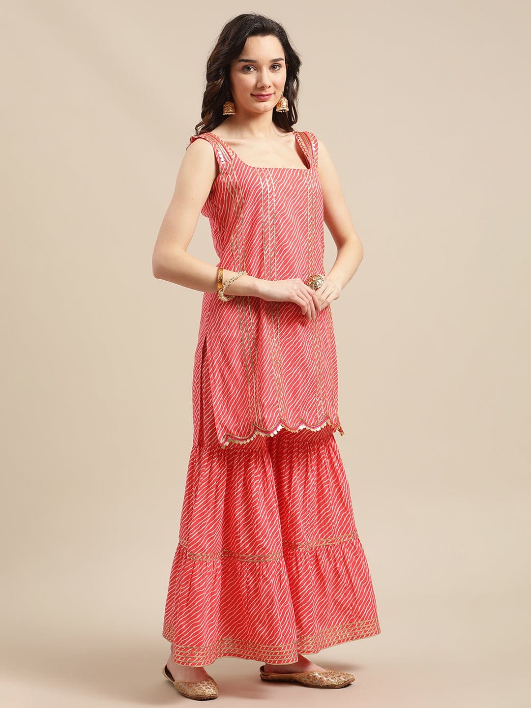 Women's Peach Heavy Gota Embellished Kurta Sharara Set With Chiffon Dupatta