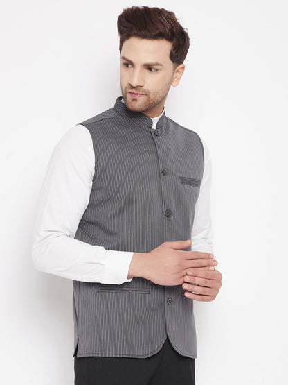 Men's Grey Color Woven Nehru Jacket