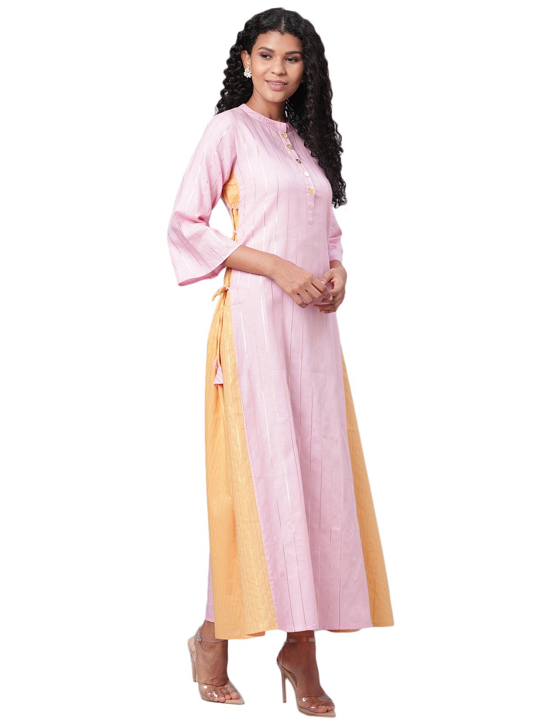 Women's Pink Solid 3/4 Sleeve Cotton Round Neck Dress