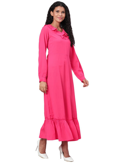 Women's Pink Solid Full Sleeve Polyester V Neck Casual Dress