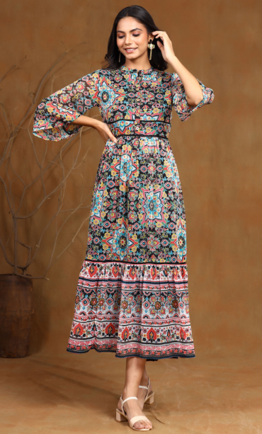 Women's Black Chiffon Printed Tiered Dress