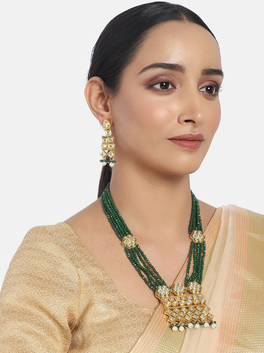 Women's Gold Plated Polki Kundan Brass Necklace Set With Earrings Emerald Crystal Onyx Long Mala