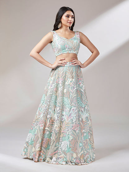 Women 's Lime Green Net Sequinse Work Ready to Wear Lehenga & stitched Blouse with Dupatta