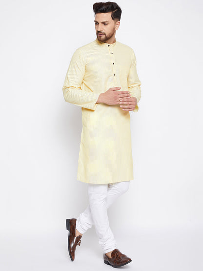 Men's Cotton Striped Yellow Kurta