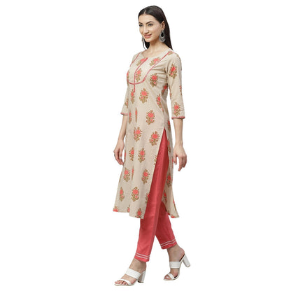Women's Beige Cotton Printed Printed 3/4 Sleeve Round Neck Casual Kurta Pant Set