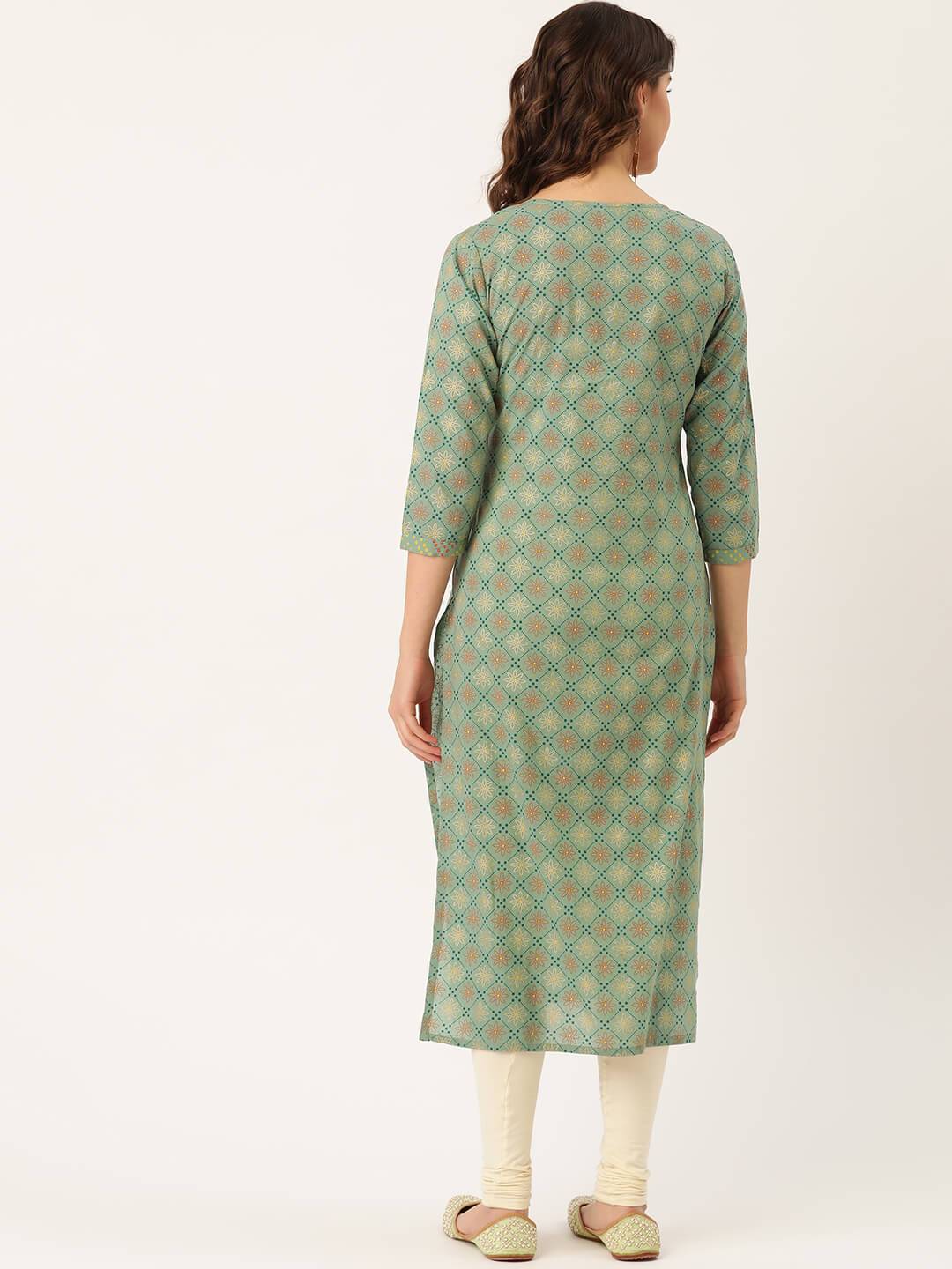 Women's Cotton Printed with Zari work & embroidered buttons detailing Kurta