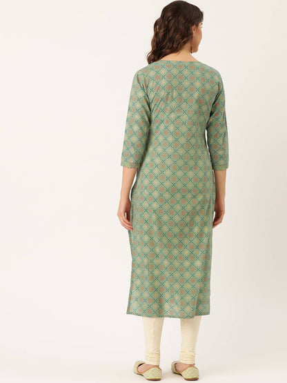 Women's Cotton Printed with Zari work & embroidered buttons detailing Kurta