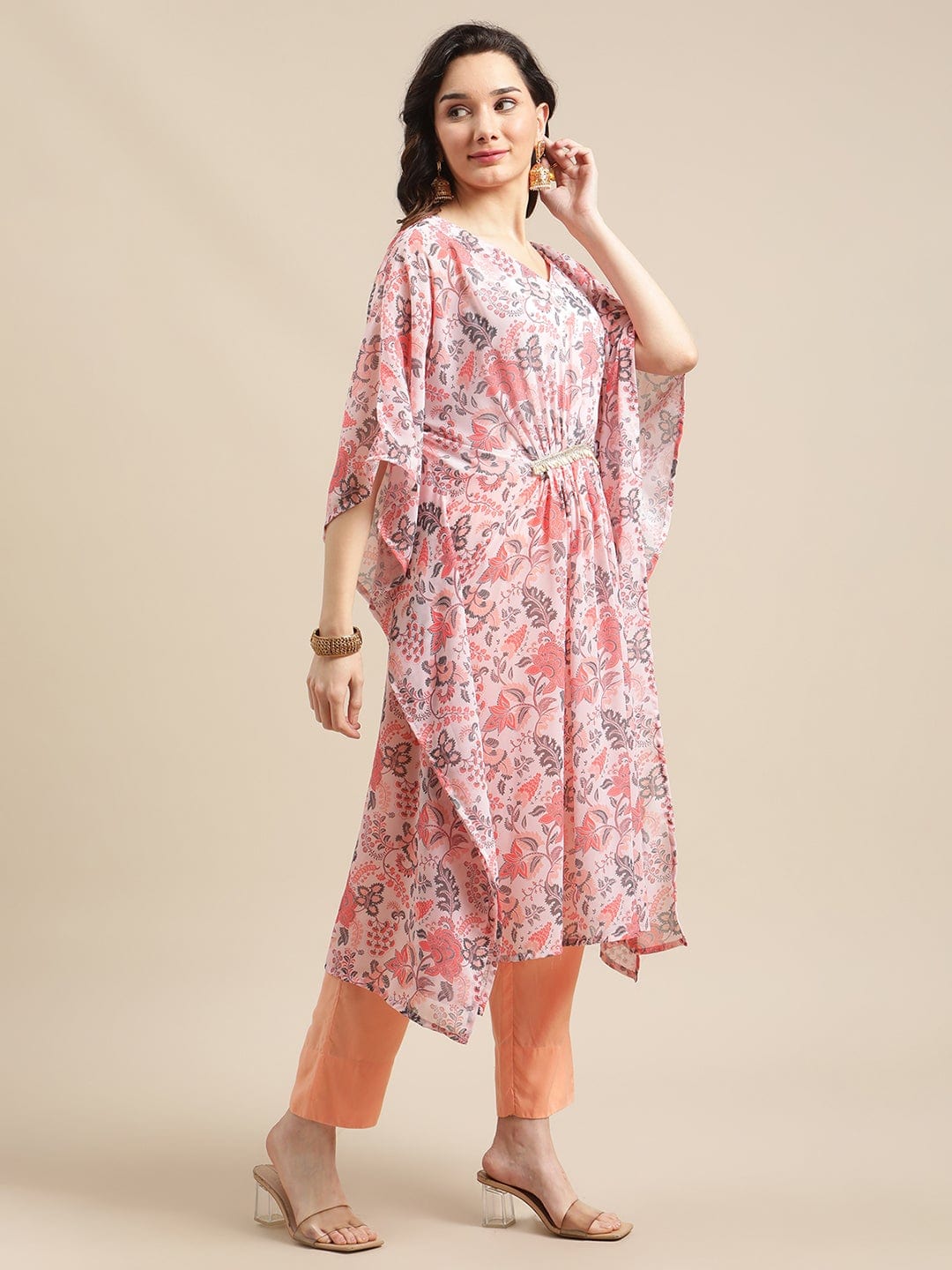 Women's Peach Floral Printed Kaftan Trouser Set