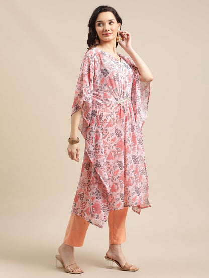 Women's Peach Floral Printed Kaftan Trouser Set