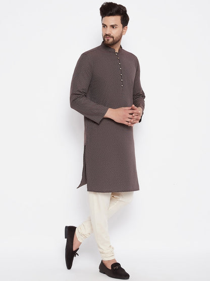 Men's Woven Design Brown Straight  Kurta
