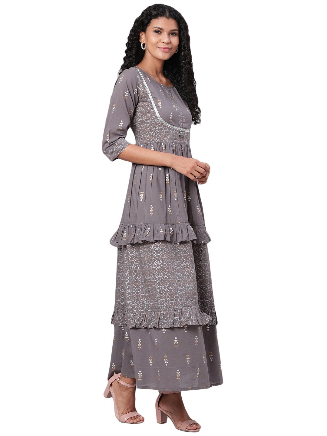 Women's Grey Printed 3/4 Sleeve Cotton Round Neck Dress