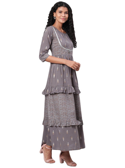 Women's Grey Printed 3/4 Sleeve Cotton Round Neck Dress