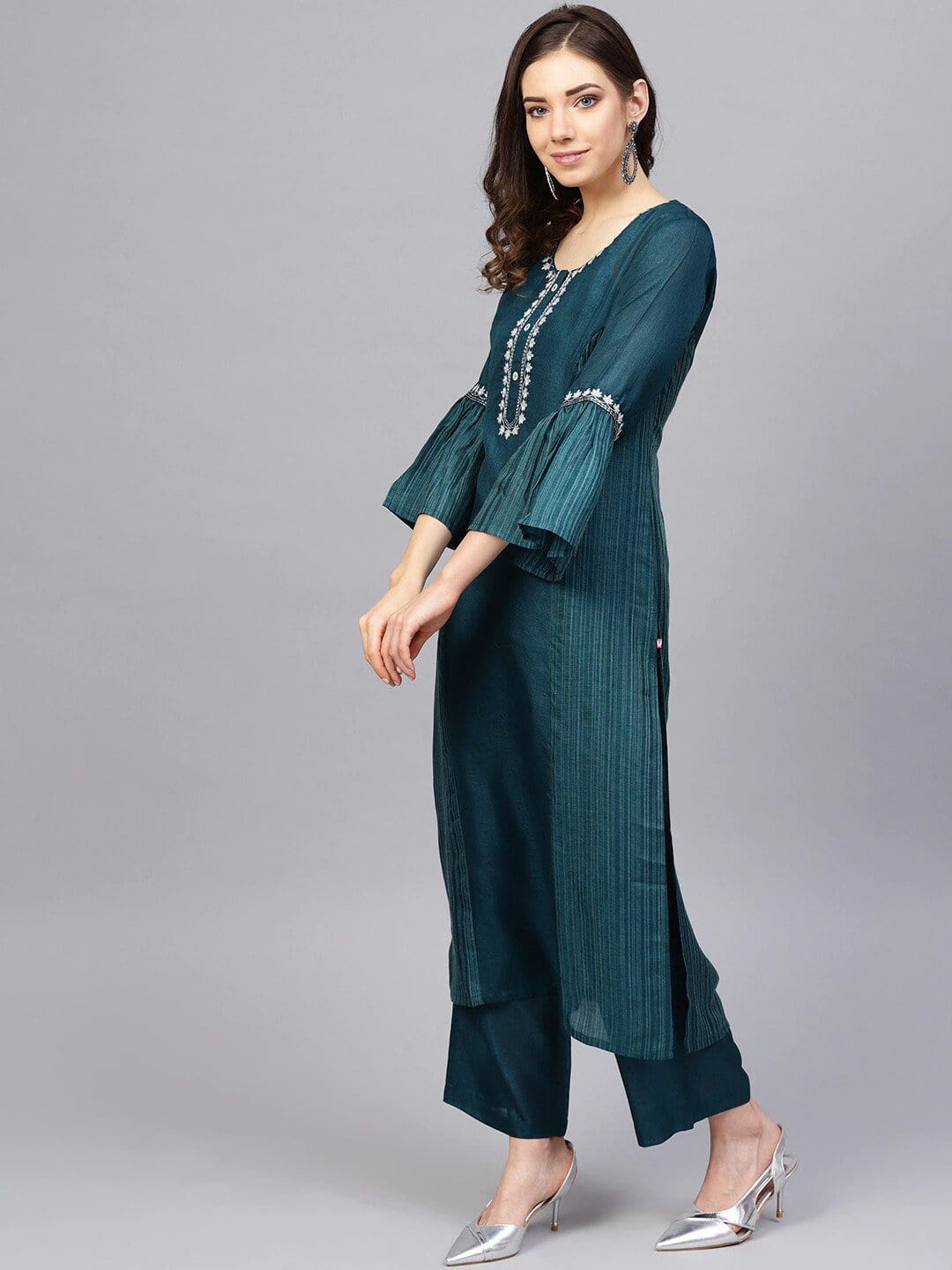 Women's Teal Embroidered Straight Kurta with Palazzos