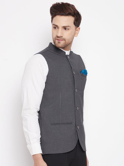 Men's Grey Color Nehru Jacket-Contrast Lining-Free Pocket Square