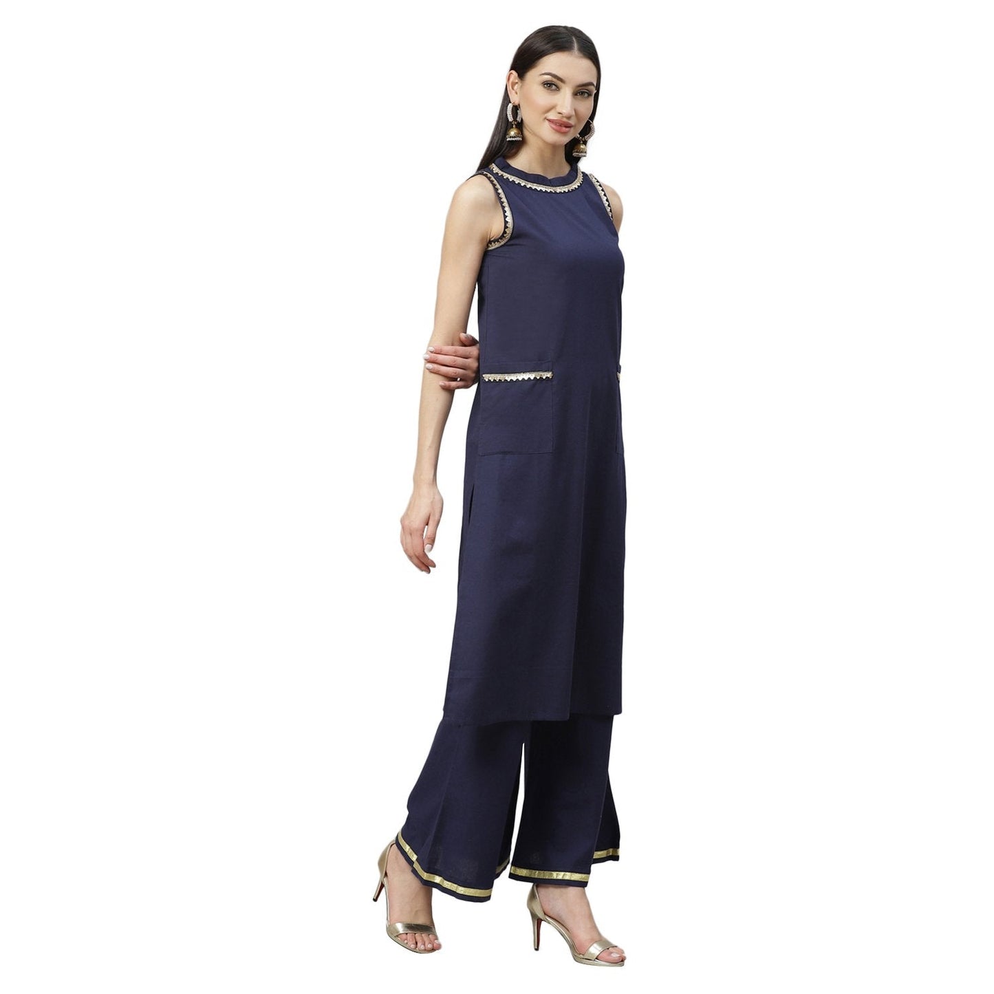 Women's Navy Blue Cotton Solid Sleeveless Round Neck Casual Kurta Palazzo Set