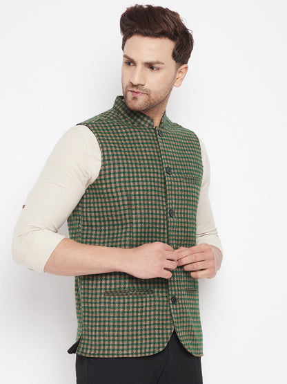 Men's Green Color Woven Nehru Jacket