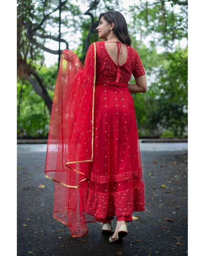 Women's Red Thread Work Anarkali Set (3pcs set)