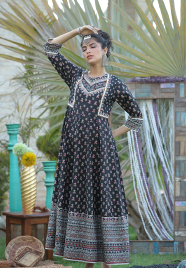 Women's Black Cambric Floral Print Anarkali Kurta Dress With Mask