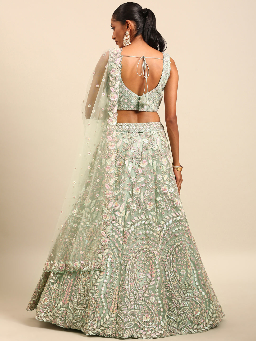 Women 's Sea green Net Multi Sequins with heavy Zarkan embroidery Ready to Wear Lehenga choli & Dupatta