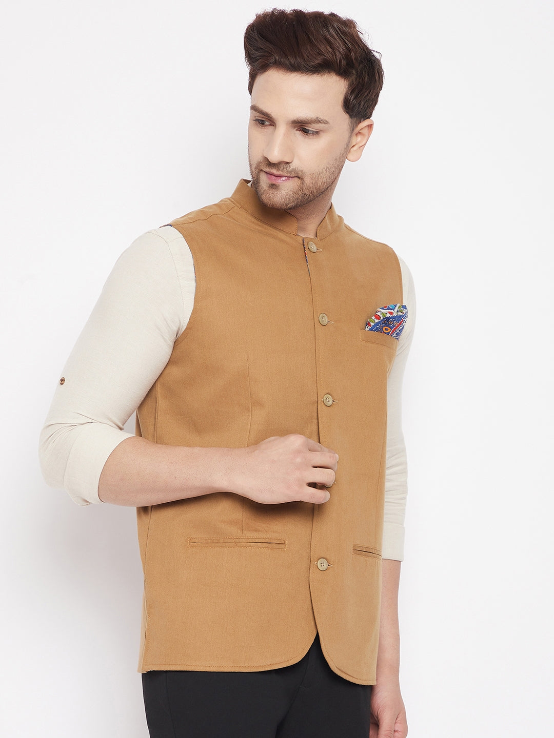 Men's Brown Color Nehru Jacket-Contrast Lining-Inbuilt Pocket Square