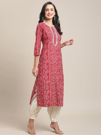 Women's Red And White Round Neckline Bandhani Printed  Straight Kurta With Embroidery And 3/4Th Sleeve