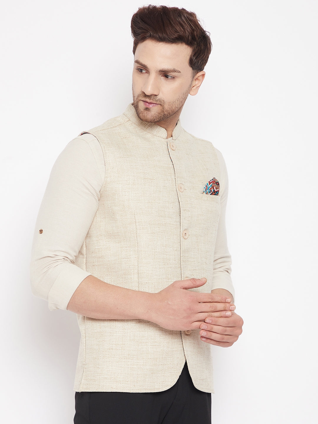 Men's Beige Color Woven Nehru Jacket