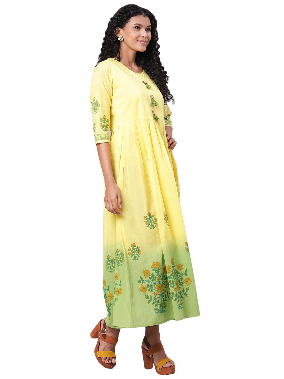 Women's Green Printed 3/4 Sleeve Cotton Round Neck Dress
