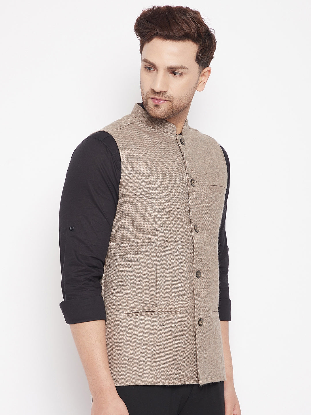 Men's Beige Color Woven Nehru Jacket