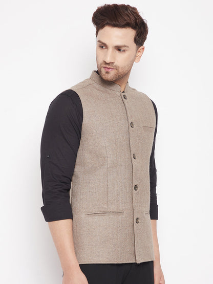 Men's Beige Color Woven Nehru Jacket