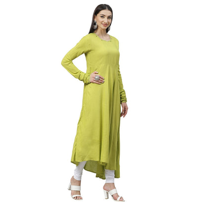 Women's Green Cotton Solid Full Sleeve Round Neck Casual Anarkali Kurta With Dupatta