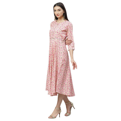 Women's Multicolor Polyster Printed 3/4 Sleeve Round Neck Casual Dress