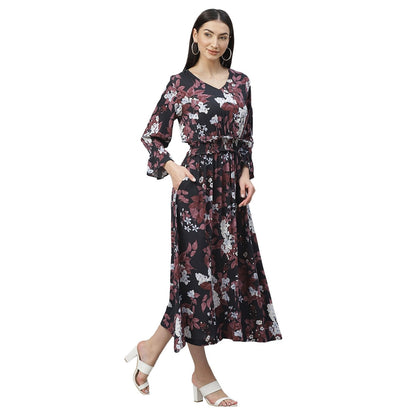 Women's Multicolor Rayon Printed 3/4 Sleeve V Neck Casual Dress