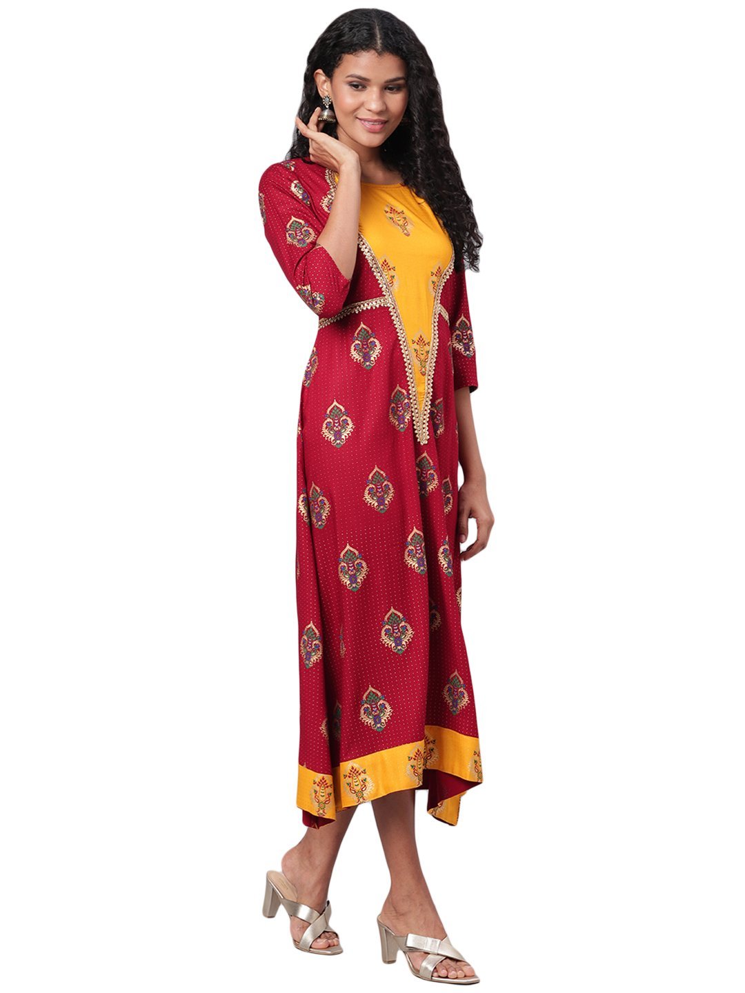 Women's Maroon Printed 3/4 Sleeve Rayon Round Neck Dress