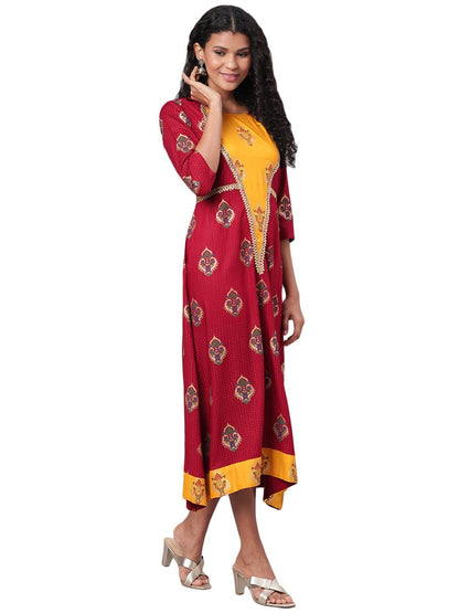 Women's Maroon Printed 3/4 Sleeve Rayon Round Neck Dress