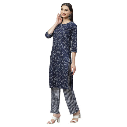 Women's Navy Blue Cotton Printed 3/4 Sleeve Round Neck Casual Kurta Palazzo Set