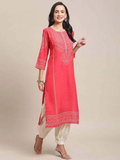 Women's Red And Mustard Printed Kurta With Gota Work On Yoke