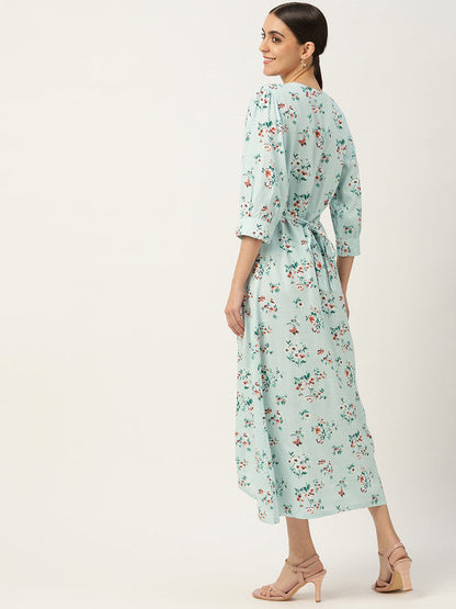 Women's Blue Red Floral Midi Dress With Belt