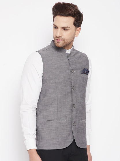 Men's Grey Color Nehru Jacket-Contrast Lining-Free Pocket Square