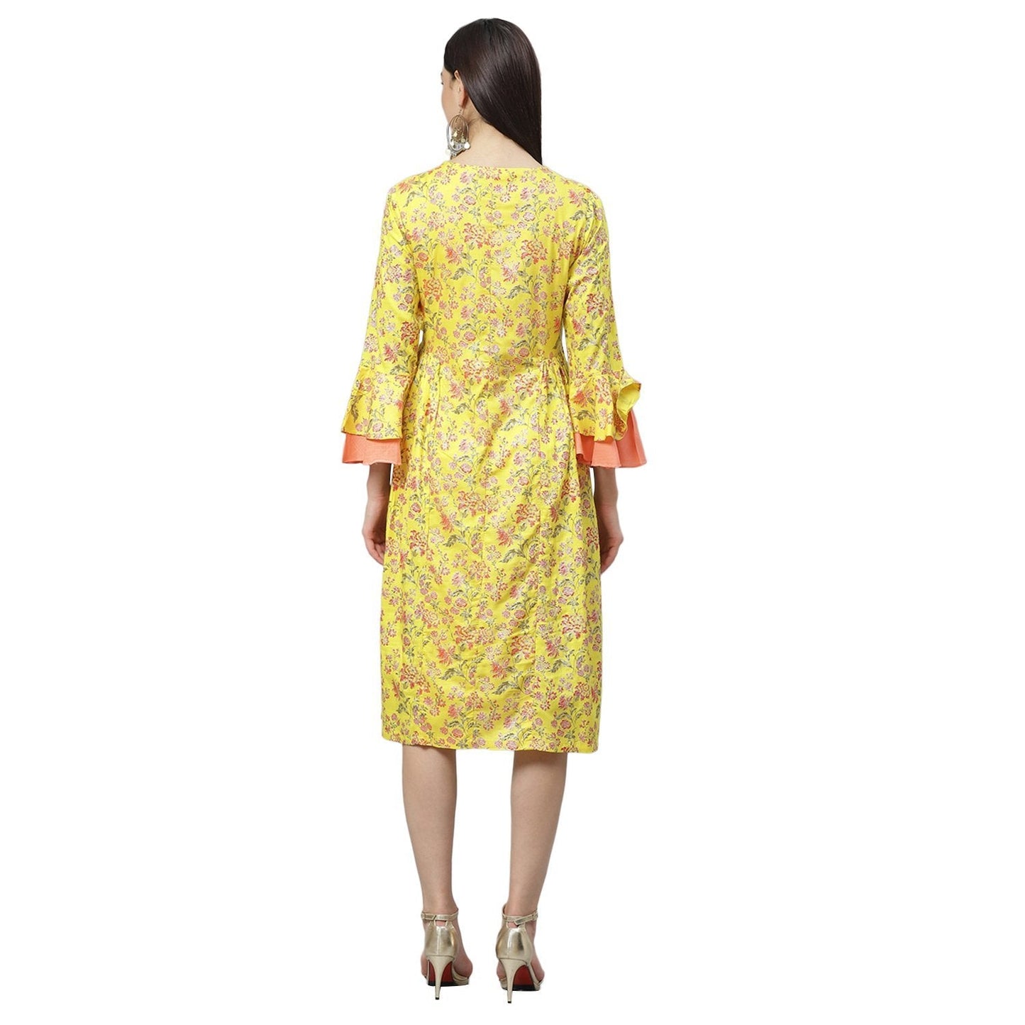 Women Yellow Cotton Printed Dress by Myshka (