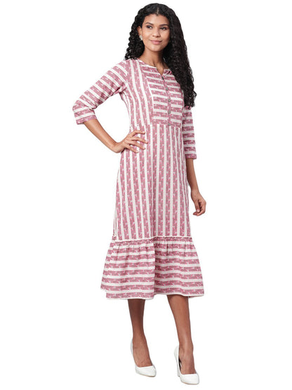 Women's Multi Printed 3/4 Sleeve Cotton Round Neck Casual Dress