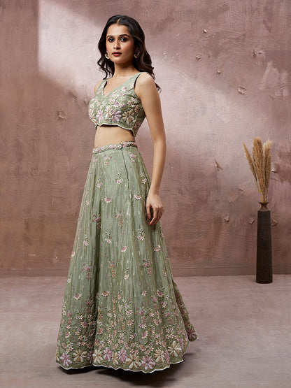 Women's Lime Green Georgette Sequins With Heavy Zarkan Embroidery Ready To Wear  Lehenga Choli & Dupatta