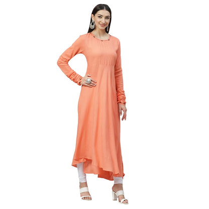 Women's Pink Cotton Solid Full Sleeve Round Neck Casual Anarkali Kurta With Dupatta