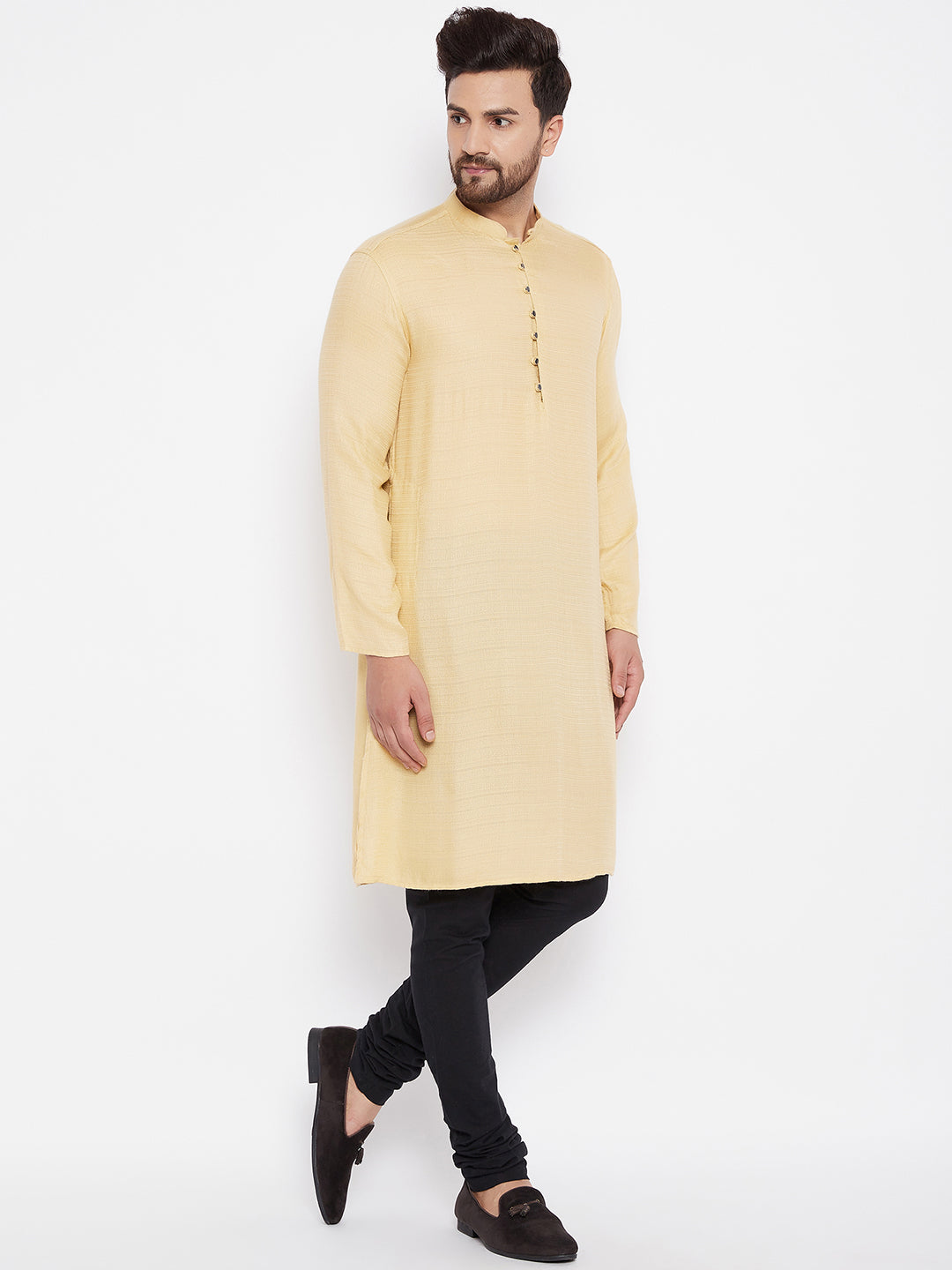 Men's Woven Design Gold Straight  Kurta1