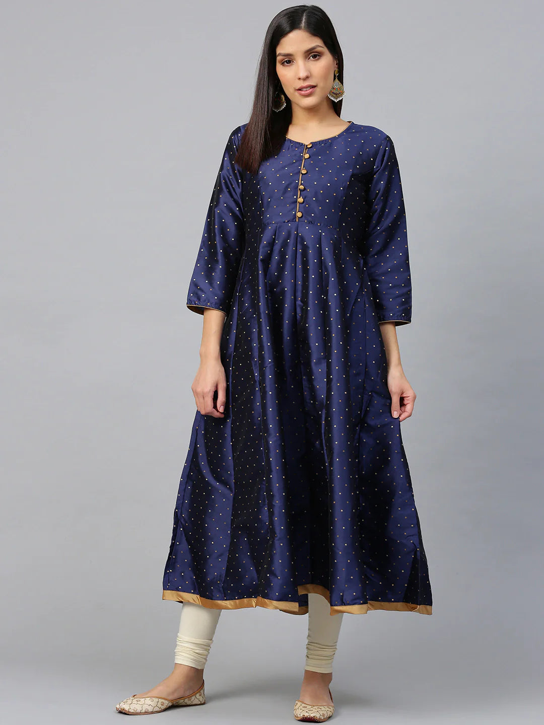 Women's Navy Blue And Golden Woven Design Anarkali Kurta,