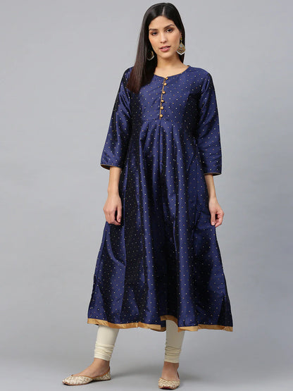 Women's Navy Blue And Golden Woven Design Anarkali Kurta,