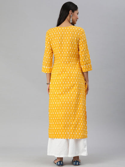 Women's KSUT Mustard And White Ikkat Printed Straight Kurta With Dori And Tassel Detailing On Neckline