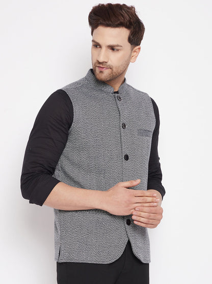 Men's Grey Color Woven Nehru Jacket