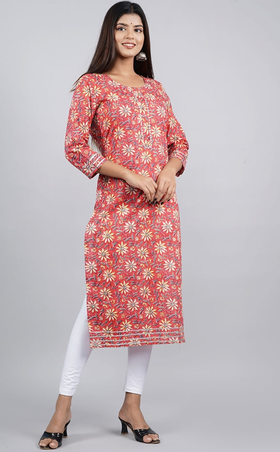 Women's Red Floral Print Straight Kurta